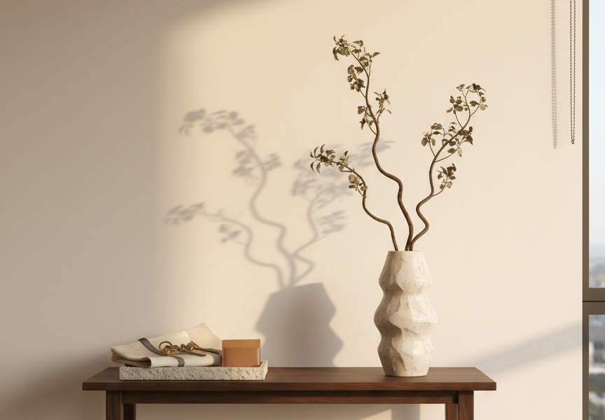 A styled entryway console in a modern apartment: a slim, dark walnut table against a matte, warm white wall, topped with a tall, textured ceramic vase holding a few artfully arranged dried branches. Beside it, a shallow stone tray neatly corrals a pair of understated brass keys, a folded linen tote, and a minimalist cardholder. Below, a pair of classic leather flats is placed neatly on a woven jute rug. Golden hour sunlight streams in from the right, illuminating the wall and casting graceful branch shadows. Photographic realism, shot at eye level with asymmetrical balance, evokes a sense of arrival, everyday elegance, and intentional curation without feeling staged or commercial.